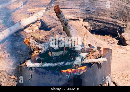 Fiamma da tronchi di bruciatura in camino. Fuoco di legno preparato per grigliare sulla natura. Braciere con legna da ardere. Picnic. Foto Stock