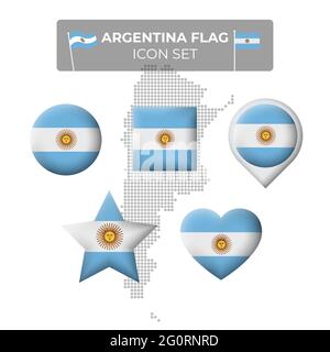Le icone della bandiera argentina sono impostate a forma di quadrato, cuore, cerchio, stelle e puntatore, indicatore della mappa. Mappa a mosaico dell'argentina. Simbolo vettoriale argentino, icona, Illustrazione Vettoriale