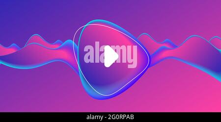 Album musicale o copertina singola con forma astratta e fluida amorfica in sfumatura blu e rosa fluorescente con pulsante Play Illustrazione Vettoriale