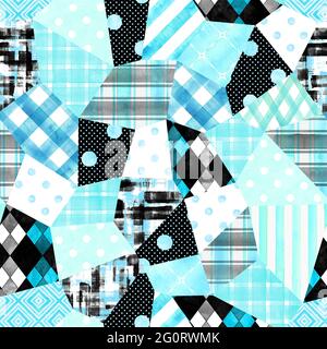 Imitazione trendy cucito pezzi di tessuto in stile patchwork. Acquerello disegno a mano moderno motivo senza giunture. Collage texture con stampe geometriche. Prin Foto Stock