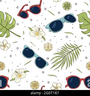 Modello senza giunture disegnato a mano di occhiali da sole, foglie tropicali e fiori. Ripetute vibrazioni estive su sfondo bianco. Illustrazione vettoriale colorata per sfondi, carta da imballaggio, carta da parati, tessuto e tessuto Illustrazione Vettoriale