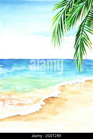 Spiaggia tropicale estiva con sabbia dorata, onde e foglie di palma. Illustrazione di acquerello disegnata a mano Foto Stock