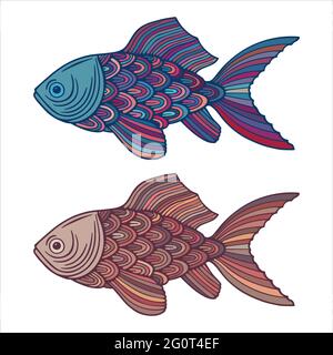 Set di disegni astratti di pesce. Illustrazioni vettoriali di pesci disegnate a mano. Parte del set. Illustrazione Vettoriale