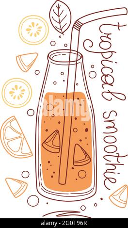 Bevanda disintossicante tropicale, frullati di frutta, limonate biologiche in bottiglia di vetro, vasetto e caraffa con cannucce. Rinfrescanti bevande estive fatte in casa. Piatto colorato Illustrazione Vettoriale