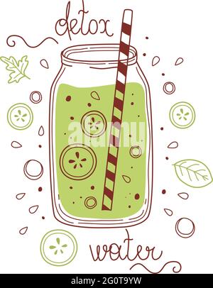 Bevanda detox di acqua verde, frullato di frutta, limonate organiche in bottiglia di vetro, vaso e caraffe con cannucce. Rinfrescanti bevande estive fatte in casa. Colorato Illustrazione Vettoriale