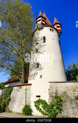 Vista della suggestiva Torre Diebs a Lindau, Baviera, Germania. Foto Stock