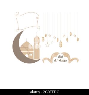 Moderno disegno di illustrazione di modello Eid al-Adha con icone minimaliste e capra luna e luci minimaliste Illustrazione Vettoriale
