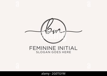 Logo BM manoscritto con logo vettoriale a forma di cerchio di firma iniziale, matrimonio, moda, floreale e botanico con template creativo. Illustrazione Vettoriale