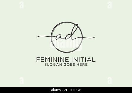 LOGO AD handwriting con logo vettoriale a forma di cerchio di firma iniziale, matrimonio, moda, floreale e botanico con template creativo. Illustrazione Vettoriale