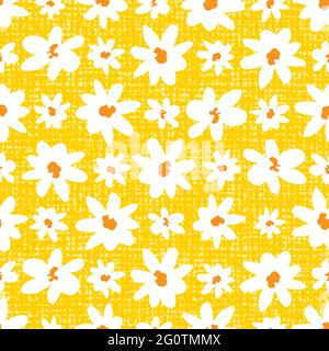 Vettore giallo grandi e piccole file di divertimento Daisy fiori ripetizione modello con sfondo tela. Adatto per tessuti, confezioni regalo e carta da parati. Illustrazione Vettoriale