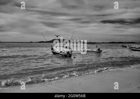 Un corvo vola su una barca nel mare vicino alla riva con una collina visibile sullo sfondo in una serata di luna con le nuvole nel cielo a Penang, Malesia Foto Stock