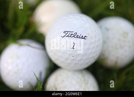 Pallina da golf Titleist su un campo da golf. Foto Stock