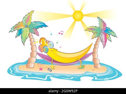 Banana con gli occhiali da sole che riposano e ascoltano la musica sulla spiaggia, estate vacanza colorata sfondo illustrazione Foto Stock