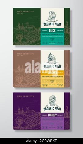 Mockups di qualità superiore della scatola del cibo. Vector Poultry Packaging Label Design su set contenitori di cartone. Pollo, anatra e tacchino disegnati a mano volti e. Illustrazione Vettoriale