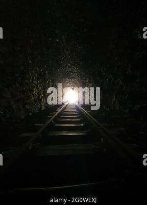 Vista interna di un tunnel ferroviario con binari che conducono in lontananza, prospettiva industriale e architettonica, luce e profondità spettacolari Foto Stock