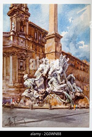 Aquarello d'epoca Cartoline di Roma di Aldo Raimondi - Piazza Navona Foto Stock