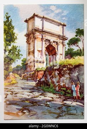 Aquarello d'epoca Cartoline di Roma di Aldo Raimondi - Arco del Tito Foto Stock