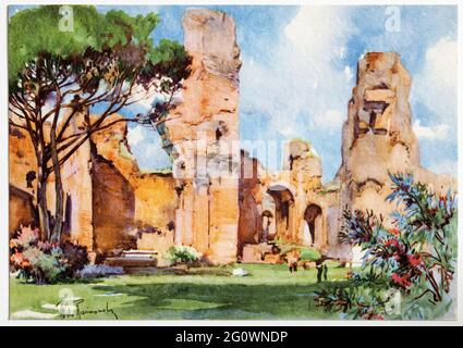 Terme di Caracalla - Aquarello d'epoca Cartoline di Roma di Aldo Raimondi Foto Stock