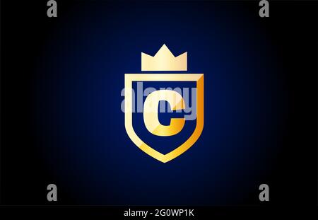 Icona con il logo della lettera alfabetica in oro C. Design per l'identità aziendale e aziendale con scudo e corona di re Foto Stock