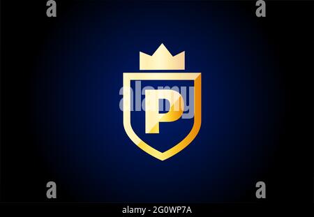 Icona con il logo della lettera alfabetica p in oro. Design per l'identità aziendale e aziendale con scudo e corona di re Foto Stock