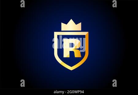 Icona con il logo della lettera alfabetica r in oro. Design per l'identità aziendale e aziendale con scudo e corona di re Foto Stock