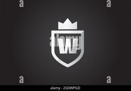 W icona con logo lettera alfabetica in nero e grigio. Shield design per l'identità dell'azienda con la corona del re Foto Stock