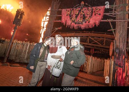 Le montagne russe Wickerman Alton Towers durante l'evento di anteprima dei media Foto Stock