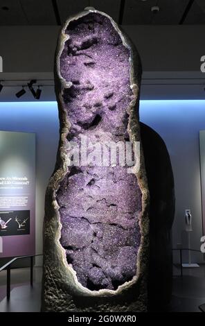 New York, Stati Uniti. 03 giugno 2021. geode dell'ametista gigante in mostra all'apertura delle sale di gemme e minerali di Allison e Roberto Mignone presso l'American Natural History Museum di New York, NY il 3 giugno 2021. (Foto di Stephen Smith/SIPA USA) Credit: Sipa USA/Alamy Live News Foto Stock