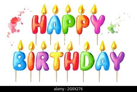 Torta con la scritta Happy Birthday su un bastone. Immagine disegnata a  mano con acquerello isolata su sfondo bianco Foto stock - Alamy