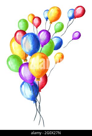 Palloncini colorati. Immagine disegnata a mano con acquerello, isolata su sfondo bianco Foto Stock