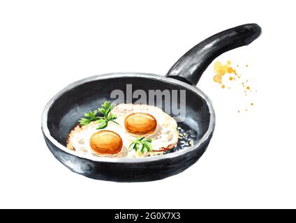 Uova fritte in una padella con erbe fresche. Illustrazione di acquerello disegnata a mano isolata su sfondo bianco Foto Stock