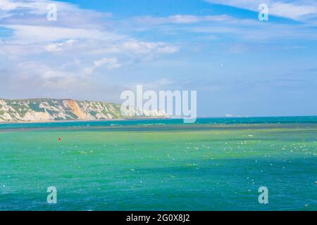 Vista delle scogliere di Folkestone Est e del Warren Country Park, le scogliere di Copt Point a bassa marea.Kent, Inghilterra.Luglio 2016 Foto Stock