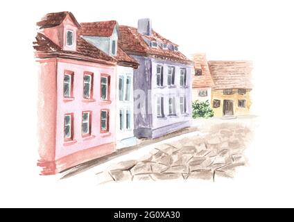 Strada rurale con case. Illustrazione di acquerello disegnata a mano isolata su sfondo bianco Foto Stock