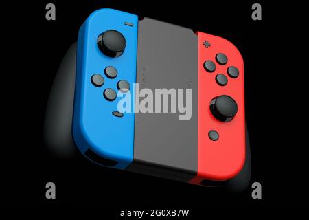 Controller portatili per videogiochi collegati al touch screen in nero sfondo Foto Stock