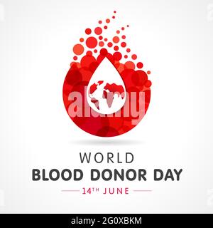 Red Drop con mappa mondiale per la Giornata Mondiale del donatore di sangue, giugno 14. Illustrazione vettoriale del concetto di donare sangue con forma di plasma a bolle rosse Illustrazione Vettoriale