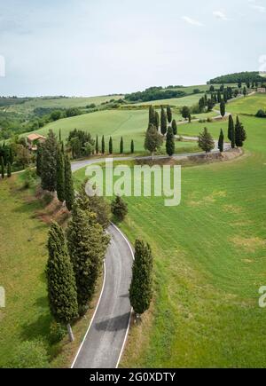 Vista aerea dell'iconica strada dei cipressi di Monticchiello. Pienza, Valle d'Orcia, Siena, Toscana, Italia, Europa. Foto Stock