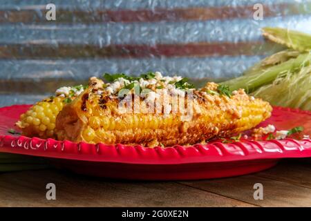 Mais messicano di strada conosciuto anche come elote servito con maionese di peperoncino e formaggio cotija Foto Stock