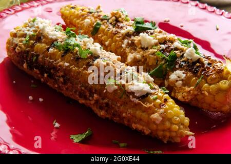 Mais messicano di strada conosciuto anche come elote servito con maionese di peperoncino e formaggio cotija Foto Stock