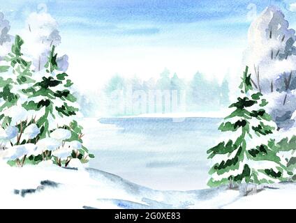 Sfondo invernale, paesaggio con abeti, alberi e lago. Illustrazione disegnata a mano con acquerello Foto Stock