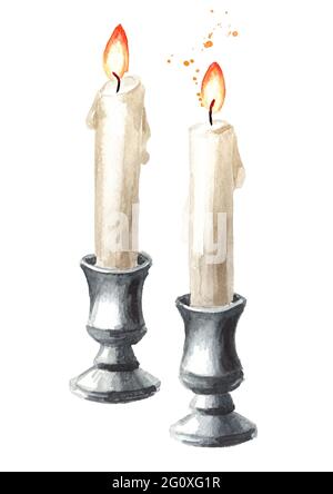 Candela che brucia nel vecchio set di candelabro d'argento. Illustrazione di acquerello disegnata a mano, isolata su sfondo bianco Foto Stock