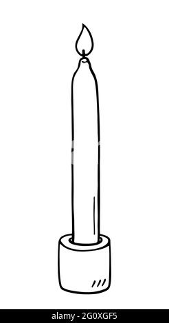 Candela lunga e sottile in un candelabro isolato su sfondo bianco. Illustrazione vettoriale disegnata a mano in stile doodle. Adatto per carte, logo, decorazioni. Illustrazione Vettoriale