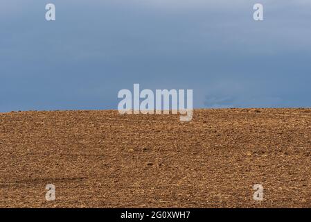 Campo appena arato con un cielo nuvoloso Foto Stock