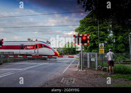 Treno elettrificato Azuma ad alta velocità che passa attraverso un passaggio a livello senza equipaggio auotmatico sulla linea principale della costa orientale. Foto Stock