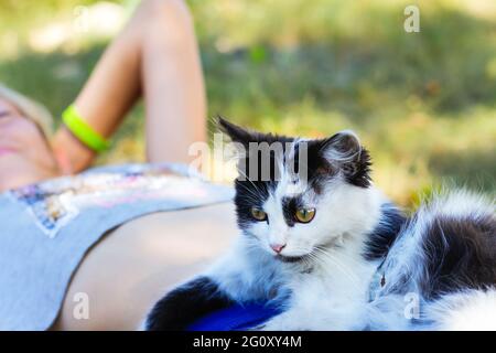 Defocus bambina bionda sdraiata sull'erba con gatto, nero e bianco piccolo cucciolo carino con occhi gialli primo piano. Natura verde estate sfondo. Ragazza Foto Stock