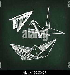 Set vettoriale Origami. Aereo, nave. Design del white paper. Schema grafico con gesso sulla scheda scolastica. Illustrazione vettoriale Illustrazione Vettoriale