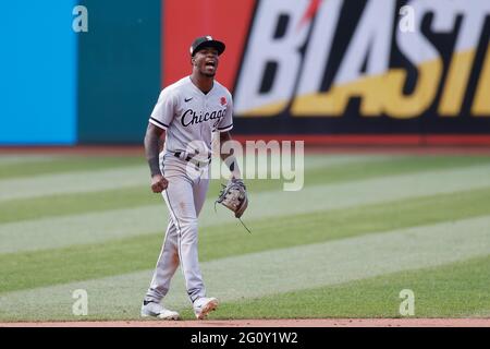 CLEVELAND, OH - MAGGIO 31: Tim Anderson (7) del Chicago White Sox reagisce dopo la finale di una partita contro gli indiani Cleveland a Progressive Fi Foto Stock