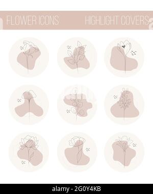 Set di fiori contemporanei disegnati a mano. Evidenzia le copertine delle storie per i social media più diffusi. Perfetto per blogger. Doodle icone botaniche. Moderno Illustrazione Vettoriale