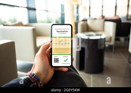 Mano umana che tiene uno smartphone con un certificato di vaccinazione contro la malattia di Covid-19 (Coronavirus). Foto Stock