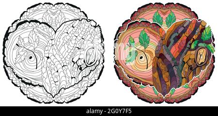 Vector Adult Coloring Book Textures con struttura di corteccia di albero. Disegno artistico dipinto a mano con mandala. Pagina di colorazione anti-stress per adulti. bianco e nero han Illustrazione Vettoriale