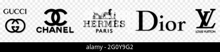 Vinnytsia, Ucraina - 30 maggio 2021: Gucci, Chanel, Hermes, Dior, Icona Louis Vuitton. Set di logo dei marchi più diffusi. Vettore editoriale isolato su Illustrazione Vettoriale